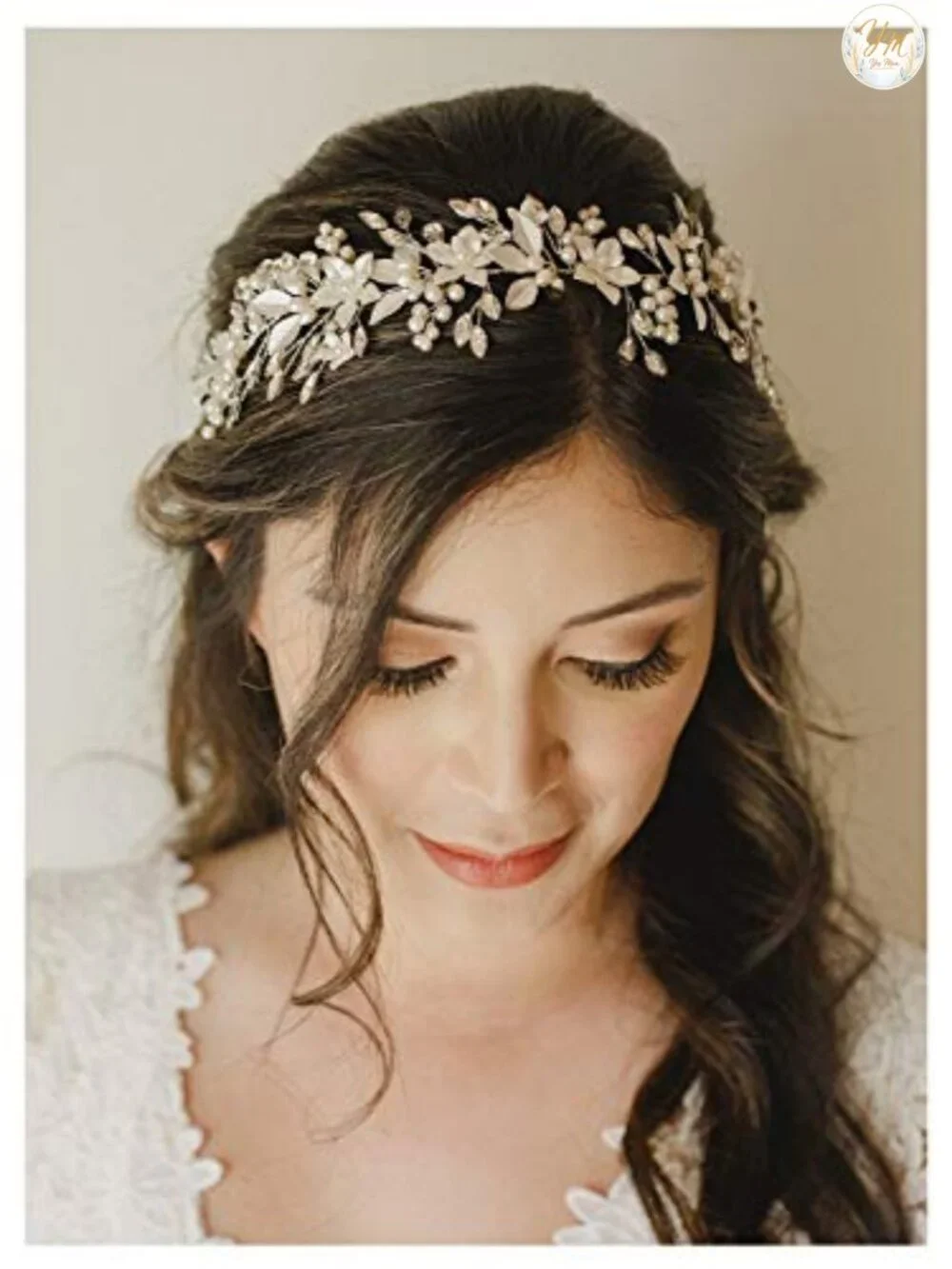 Handmade Rhinestone Pearl Bridal Headband with Flower Leaf Design
